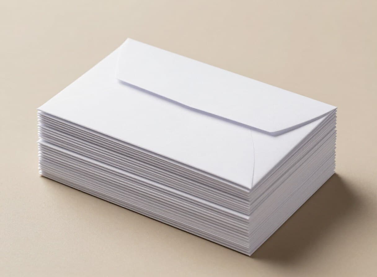 Neat stack of white mailing envelopes on a beige ground