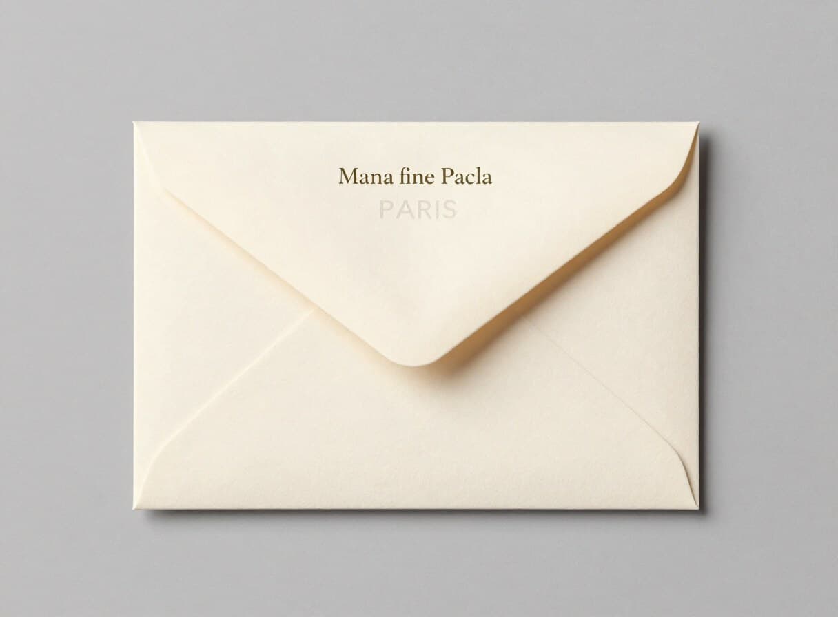 Cream envelope with a printed brand mark on the flap