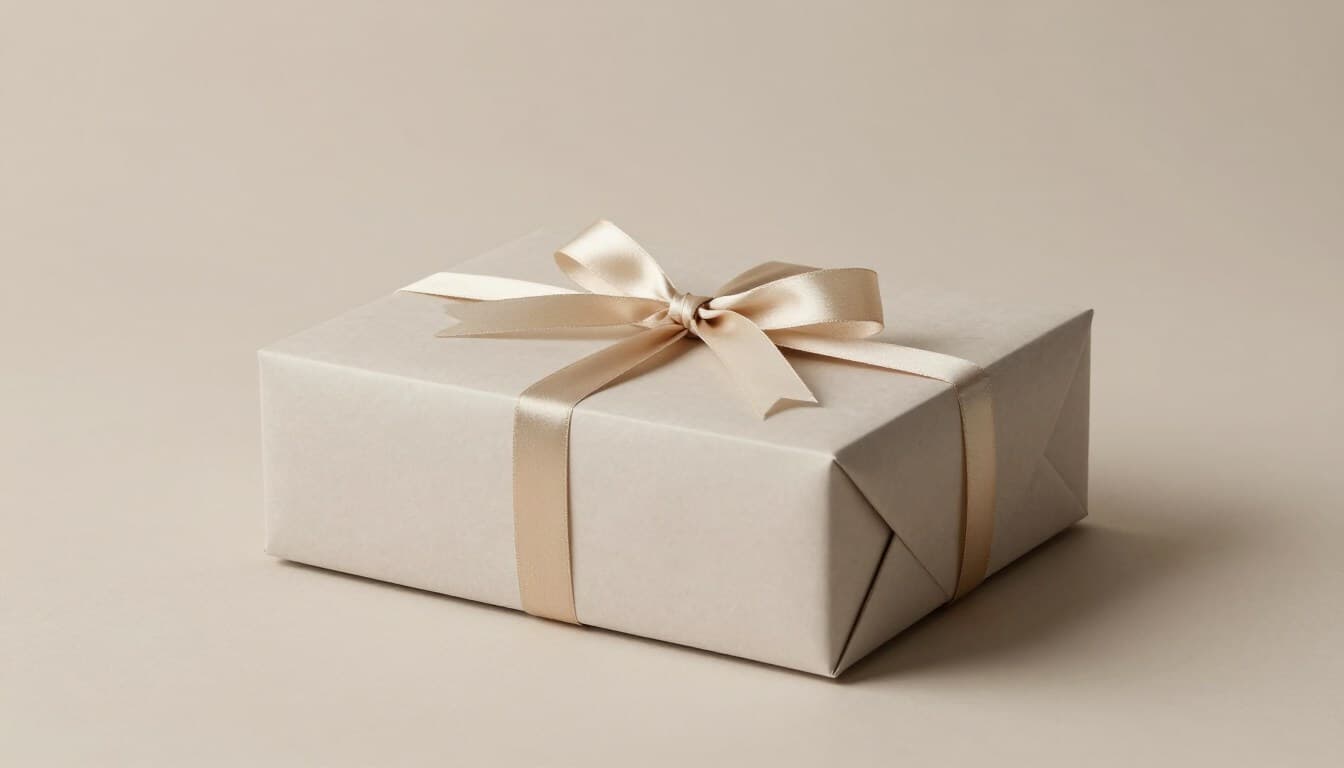 Ivory gift box tied with a champagne satin ribbon
