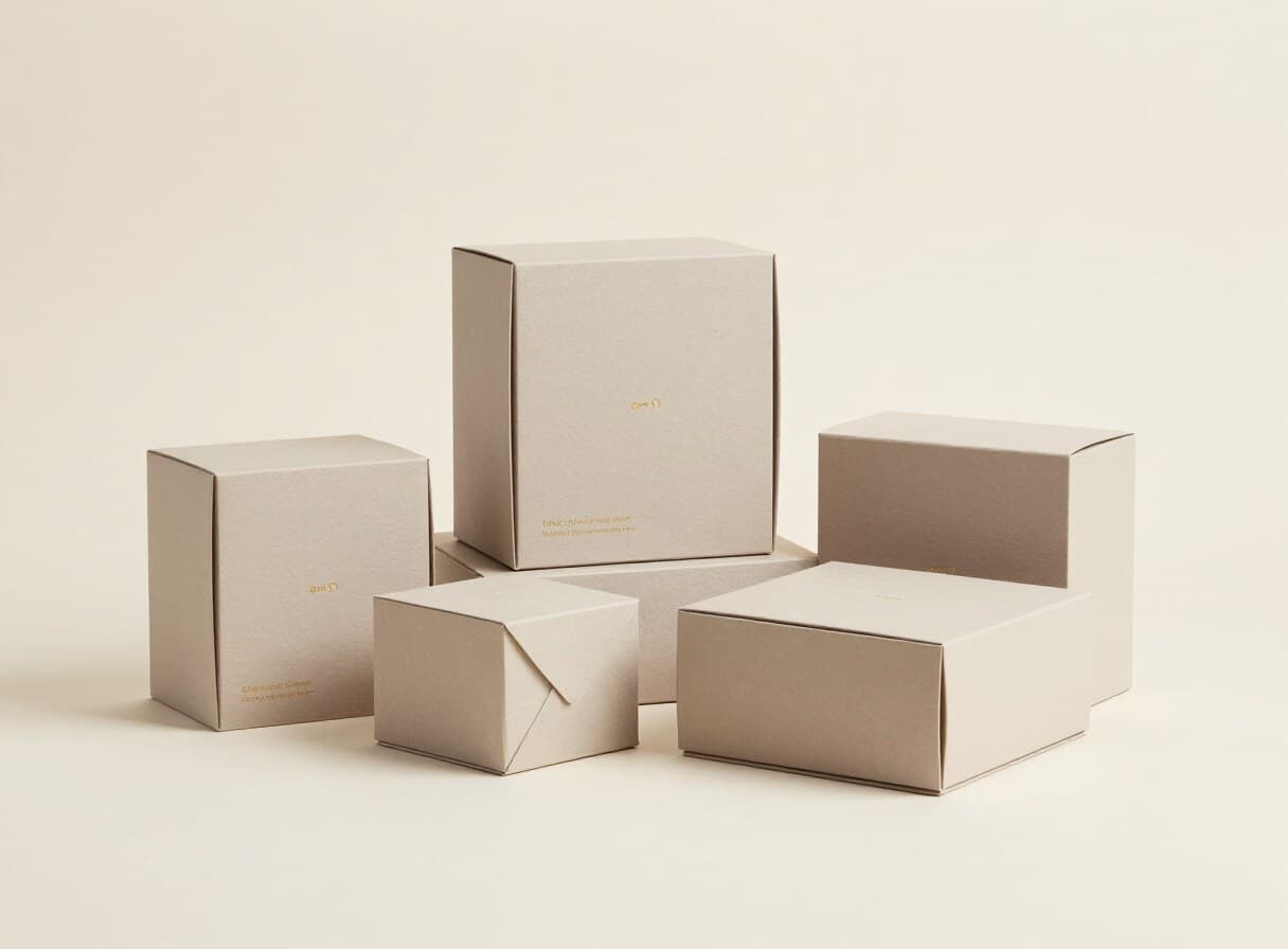 Group of plain beige packaging boxes on a warm neutral ground
