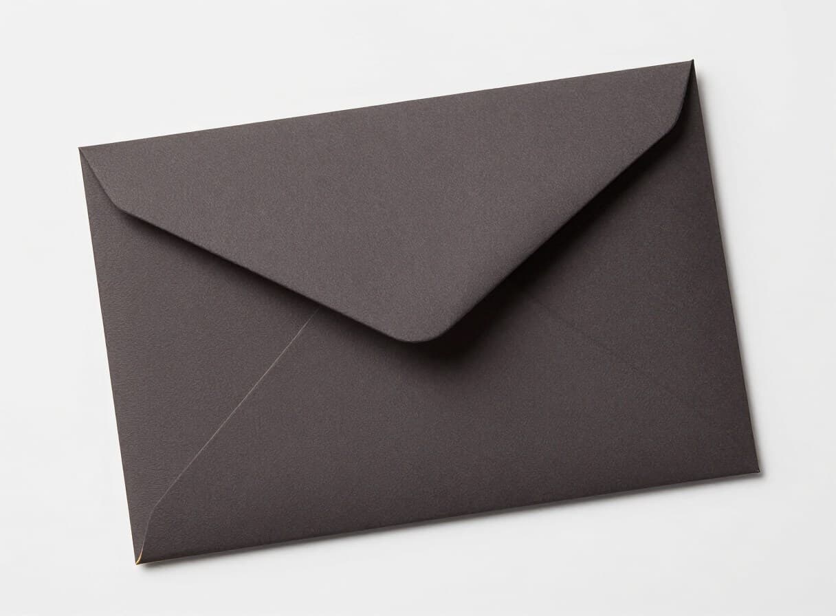 Textured charcoal envelope on a light grey ground